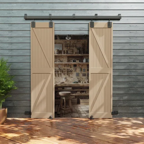 Vista 12 de JUBEST Kit de herrajes para puerta de granero exterior de riel de caja de 4 pies, sistema de riel deslizante para puerta de granero negro