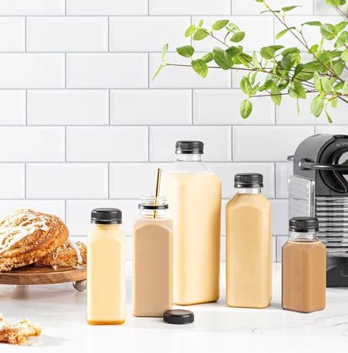 Vista 6 de Hammont Botellas de plástico con tapas, botellas transparentes de café helado y jugo, paquete de 24 botellas reutilizables para jugo, ideal