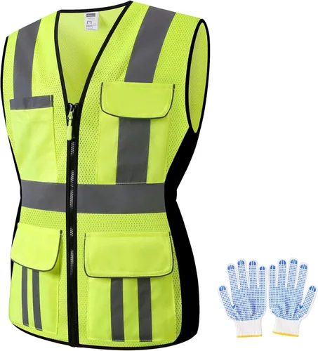Vista 16 de Chaleco de seguridad para mujer, múltiples bolsillos, de alta visibilidad, reflectante, malla transpirable, chaleco de trabajo para dama, cremallera