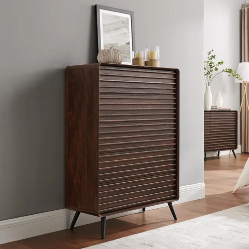 Vista 9 de RedLemon Cómoda de 5 cajones para dormitorio, cómoda de 48'' de altura estilo mediados de siglo con madera estriada, cómoda con cajones con pata