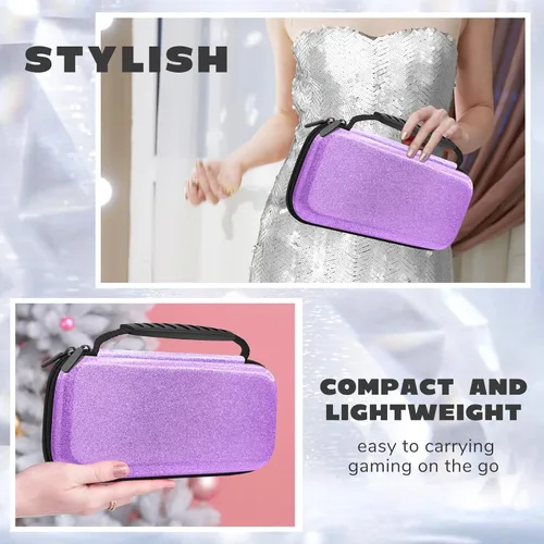 Vista 3 de Funda de transporte con purpurina para consola Nintendo Switch y Switch OLED, funda de viaje rígida púrpura para consola Nintendo Switch