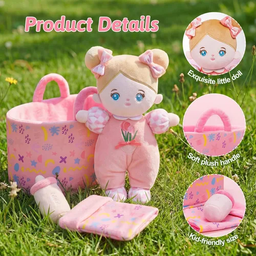 Vista 5 de OUOZZZ - Set de regalo de minimuñeca rosa de bebé afelpada de 10 pulgadas, muñeca de trapo afelpada para dormir, juguete para niños y niñas