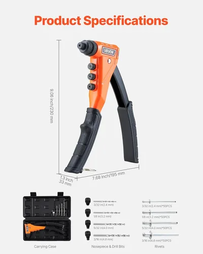 Vista 7 de VEVOR Kit de pistola de remache pop, con 200 remaches ciegos, remachador de una sola mano resistente con 4 piezas nasales intercambiables, 4 brocas