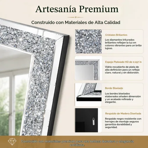 Vista 5 de SHYFOY Espejos de diamante triturado para decoración de pared, espejo decorativo rectangular de 35.4 x 23.6 pulgadas, grandes para sala de estar