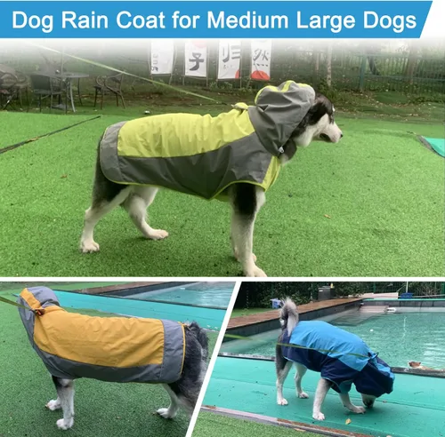 Vista 4 de Impermeable para perro, chaqueta impermeable para perro, chaqueta reflectante para perro con capucha, poncho ligero para perro, abrigo impermeable