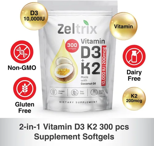 Vista 3 de Vitamina D3 K2 10000 UI con MK-7 200 mcg - 300 cápsulas blandas - Suplemento D3 K2 de alta potencia con aceite de coco - Apoya la salud
