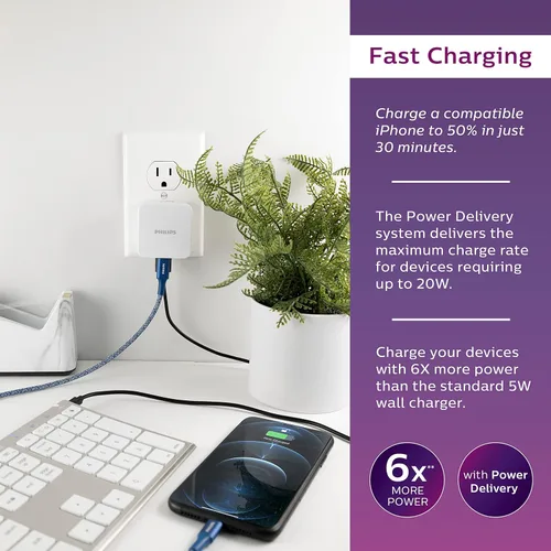 Vista 4 de Philips Cargador de pared USB de 32 W, incluye 2 puertos USB-A (12 W) y 1 puerto USB-C (20 W), enchufe plegable integrado, certificado USB, blanco
