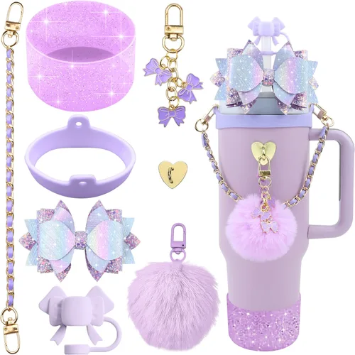 Vista 20 de Accesorios brillantes para vaso Stanley Cup de 40 onzas y 30 onzas, incluye funda de silicona para popote con lazo, bota de silicona para taza