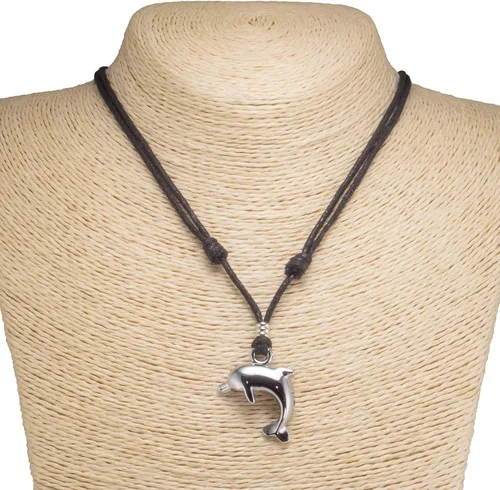Vista 2 de BlueRica Colgante de delfín en collar ajustable de cuerda negra (acabado cromado), Fibra natural