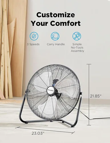 Vista 7 de Pelonis Ventilador de piso de 20 pulgadas, ventilador de piso de alta velocidad de metal resistente con 3 velocidades, cabezal inclinable ajustable