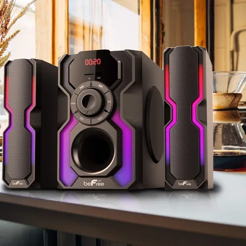 Vista 4 de beFree Sound Sistema de estéreo en estante con cable de 2.1 canales Bluetooth multimedia con luces LED reactivas, radio FM, USB y entradas SD