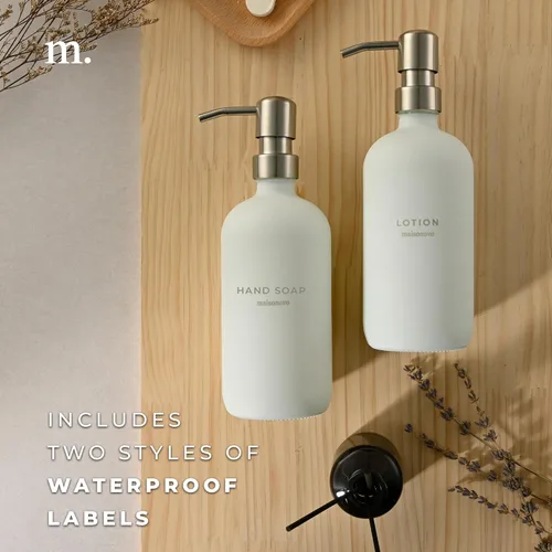 Vista 6 de MaisoNovo - Juego de dispensador de jabón de 2 piezas Botellas blancas de 16.9oz con bombas de acero inoxidable plateado