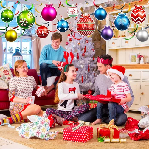 Vista 6 de 50 piezas de adornos colgantes de Navidad de papel de aluminio con remolinos, bolas de luz en forma de bombilla, adornos de remolinos para techo