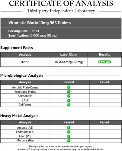 Vista 3 de Vitamatic Biotina 10,000 mcg (10 mg) para cabello, piel y uñas más fuertes - 365 tabletas veganas - también llamada vitamina B7