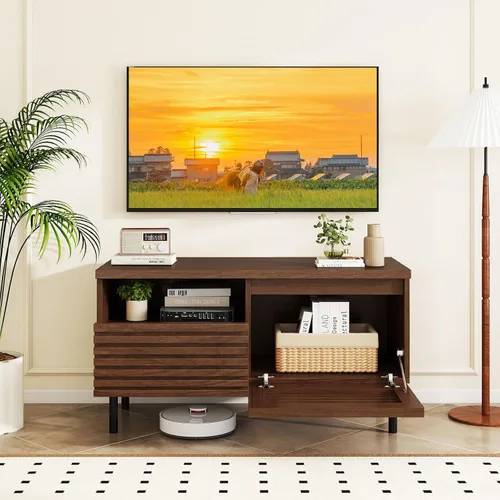 Vista 2 de Giantex Mid Century Modern TV Stand for 40 Inch TV, Fluted Entertainment Center with Cabinet, Drawer, Open Compartment, Small Media Console Table