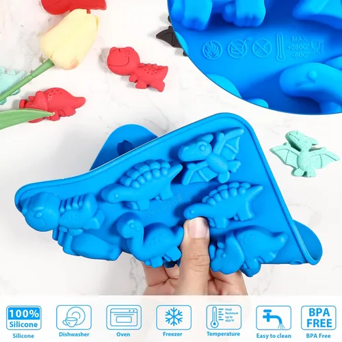 Vista 3 de Webake Moldes de silicona para caramelos de dinosaurio de 12 cavidades con forma de T-rex, Stegosaurus, triceratops, ideal para dulces, chocolate