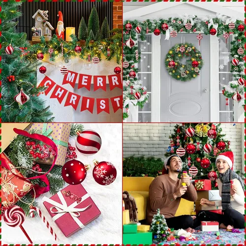 Vista 8 de QBA Juego de 50 adornos para árbol de Navidad, decoraciones de barra de caramelo para árbol de Navidad con cuerdas para colgar, bolas de plástico