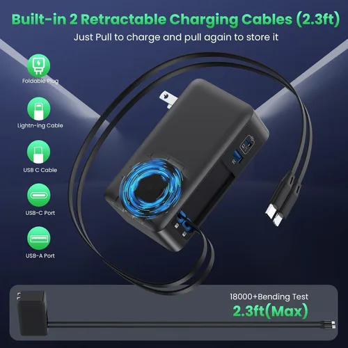 Vista 3 de Bloque de cargador USB C de 120W con 2 cables retráctiles integrados, cargador de pared con enchufe plegable GaN IV 4 en 1, estación de carga A-Plata