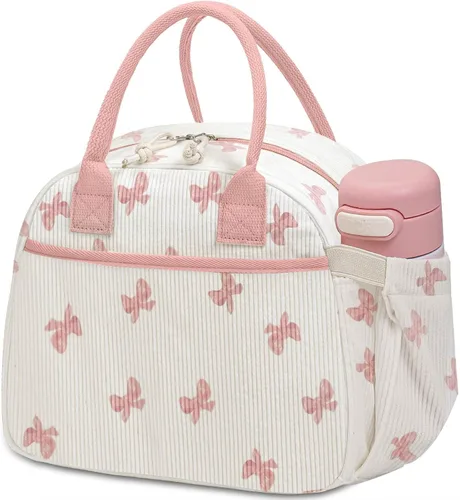 Vista 16 de Carry bloom Lonchera para mujer, lonchera aislada, bonita lonchera de pana reutilizable para el trabajo (1 rayas blancas y negras)