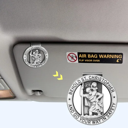 Vista 5 de Medalla de San Cristóbal para automóvil, clip de visera de San Cristóbal de plata, medallas religiosas para automóvil, clip de seguridad, accesorios