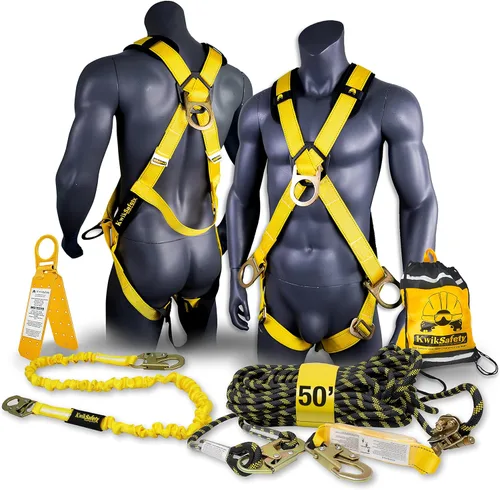 Vista 11 de KwikSafety - Charlotte, NC - MONSOON Safety Harness [4 HEAVY DUTY D-RINGS] ANSI OSHA Safety Harness Fall Protection Kit
