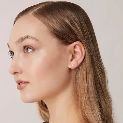 Vista 4 de PAVOI Aretes de barra de plata de ley chapada en oro de 14 quilates, lunares, corazón, triángulo, estrella, gato, aretes delicados para mujer