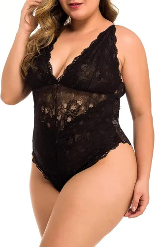 Vista 4 de XAKALAKA - Body de encaje para mujer, talla grande, lencería de peluche y malla elástica con ligas XXL