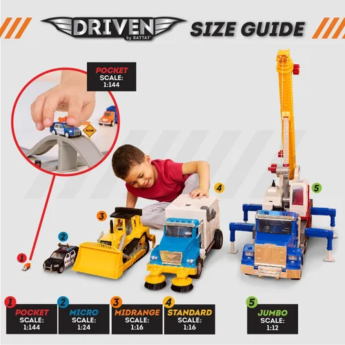 Vista 2 de Driven by Battat – Set de pista de carreras de 80 piezas y taller de autos con mini autos – Juego de juguete plegable con elevador, señales