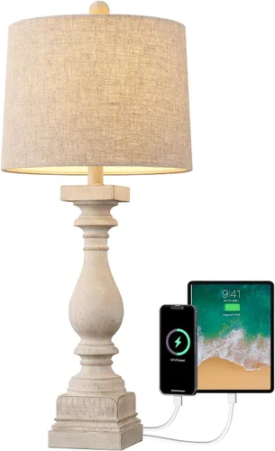 Vista 8 de BOBOMOMO Lámparas de granja estilo retro de 27" con puertos de carga USB A/C en color lavado blanco para dormitorios, lámparas de mesa lateral