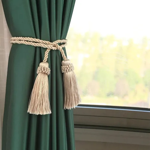 Vista 4 de Sujetadores de Cortina Hechos a Mano Decorativos Alzapaños de Cortina con Cuerda y Borla (Beige, 2P)