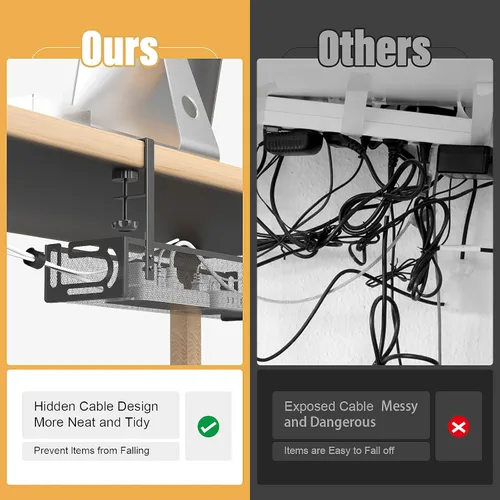 Vista 2 de Paquete de 2 bandejas para organizar cables debajo del escritorio, sin taladros, bandeja de cables de malla metálica con abrazadera para gestión