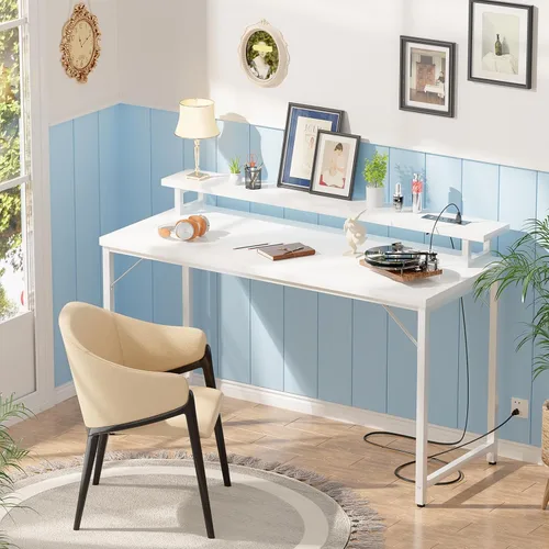 Vista 9 de Escritorio para computadora de 47 pulgadas con tomas de corriente, escritorio de juegos con luces LED, escritorio de trabajo de oficina en casa