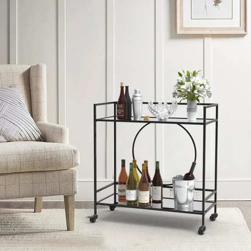RiteSune Carrito de bar negro con ruedas, carrito de servir vintage con 2 estantes de espejo, carrito de alcohol para bar en casa