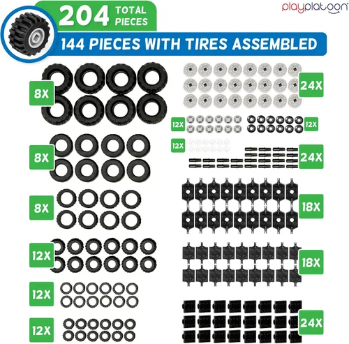 Vista 2 de Play Platoon Juego de ruedas, neumáticos y ejes de 144 piezas, compatible Juego de ruedas y ejes de 144 piezas