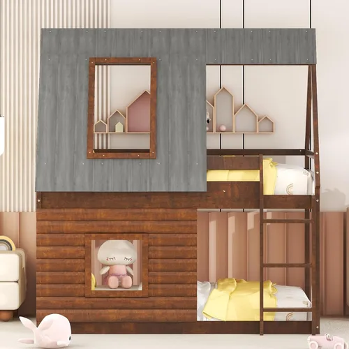 Vista 4 de SOFTSEA Litera baja de madera de tamaño individual sobre cama individual con escalera integrada para niños y adolescentes