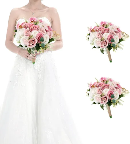 Vista 26 de Ramos para dama de honor para boda - Ramo de flores artificiales de 7 pulgadas para fiesta, ceremonia, aniversario, centros de mesa para mesa de Azul