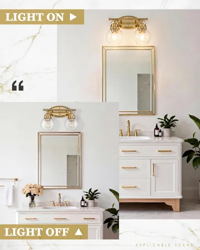 Vista 5 de Gold Bathroom Light Fixtures, 2-Light 14" Vanity Lights with Clear Globe Glass Shades, Farmhouse Vintage Vanity Lighting Fixtures Over Mirror, E26