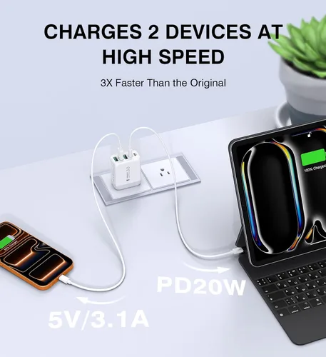 Vista 7 de Paquete de 2 Bloques Cargadores de Pared USB C, 60W Bloque de Carga Rápida C de 5 Puertos Adaptador de Corriente PD + QC 3.0 Cargador Cubo