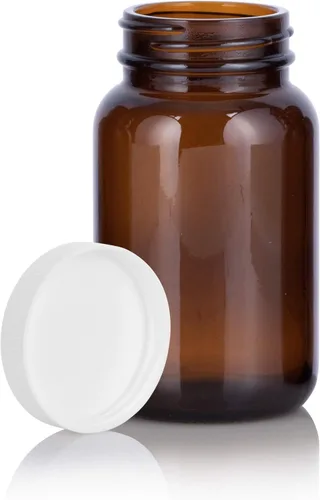 Vista 5 de JUVITUS Botella empacadora de boca ancha de vidrio ámbar de 5 onzas con tapa acanalada blanca (paquete de 6)
