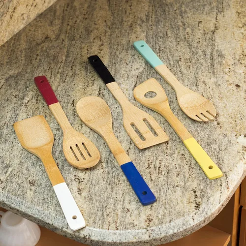 Vista 7 de Home Basics Juego de utensilios de cocina de bambú con asas de color, 6 piezas, 2.5 x 12 x .25 pulgadas