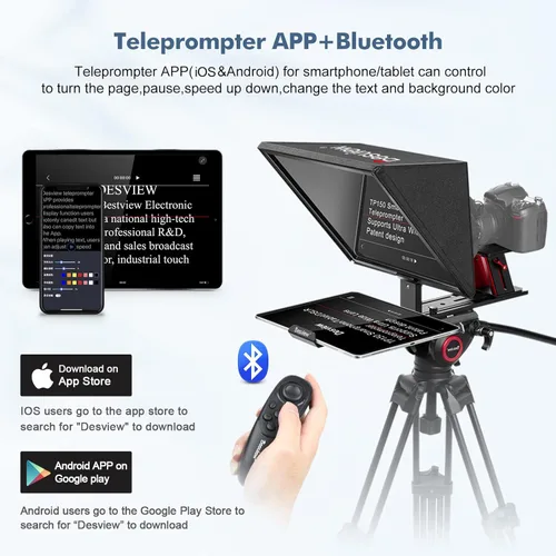 Vista 5 de Desview TP150 teleprompter de 15 pulgadas con espejo de alta visualización en aleación de aluminio con control remoto compatible con iPad, cámaras