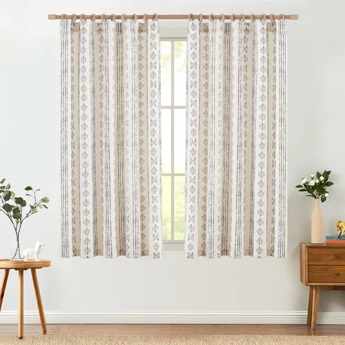 Vista 3 de jinchan Cortinas bohemias a rayas para sala de estar, cortinas de lino estilo granja de 63 pulgadas de largo, 2 paneles para dormitorio, mudcloth