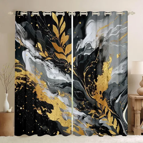 Vista 10 de Feelyou Cortinas abstractas para dormitorio, sala de estar, cortinas opacas de oscurecimiento negro y azul, con estampado de mármol, 2 paneles de 38