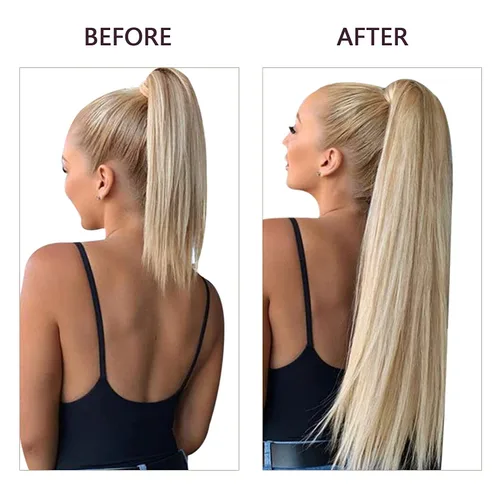 Vista 2 de RUNATURE Extensiones de cabello humano para cola de caballo de 20 pulgadas, extensiones de cabello humano lacio rubio ceniza con reflejos rubio