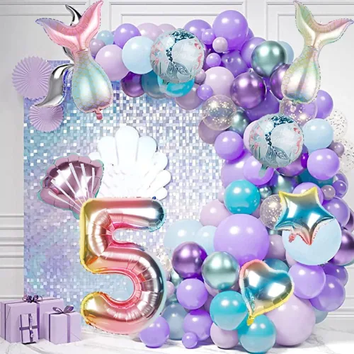 Vista 4 de Globos de sirena, suministros para fiesta, decoración de ramo de globos de 4º cumpleaños, globos de conchas de sirena para fiesta de cumpleaños