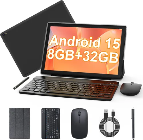 Tablet Android 15 de 10 pulgadas, tableta 2 en 1 con teclado. 8GB RAM+32GB ROM compatible con tabletas PC expandibles de 1TB, CPU de cuatro núcleos,