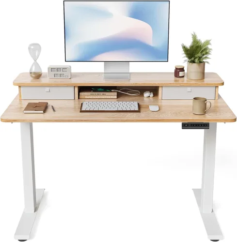Vista 77 de FEZIBO Escritorio eléctrico de pie ajustable de altura de 40 x 24 pulgadas con doble cajón, escritorio para computadora, mesa de pie para oficina