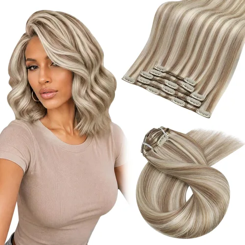 Vista 18 de Moresoo Extensiones de cabello humano con clip, balayage, color marrón oscuro a marrón dorado con clip, extensiones de cabello humano con clip, 5