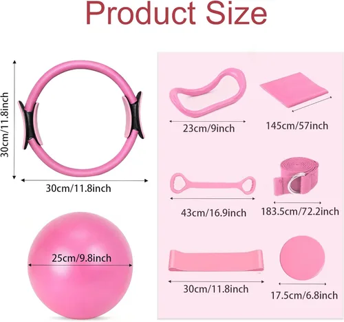 Vista 6 de Kit de pilates para entrenamientos en casa, juego de equipo de pilates con anillo, bola, 5 bandas de resistencia, aro circular mágico, discos