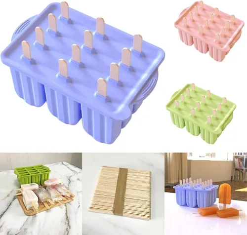 Vista 3 de Moldes de paletas reutilizables de 12 cavidades, helado de silicona con tapas y 50 palos de madera, suministros de cocina para paletas de bricolaje